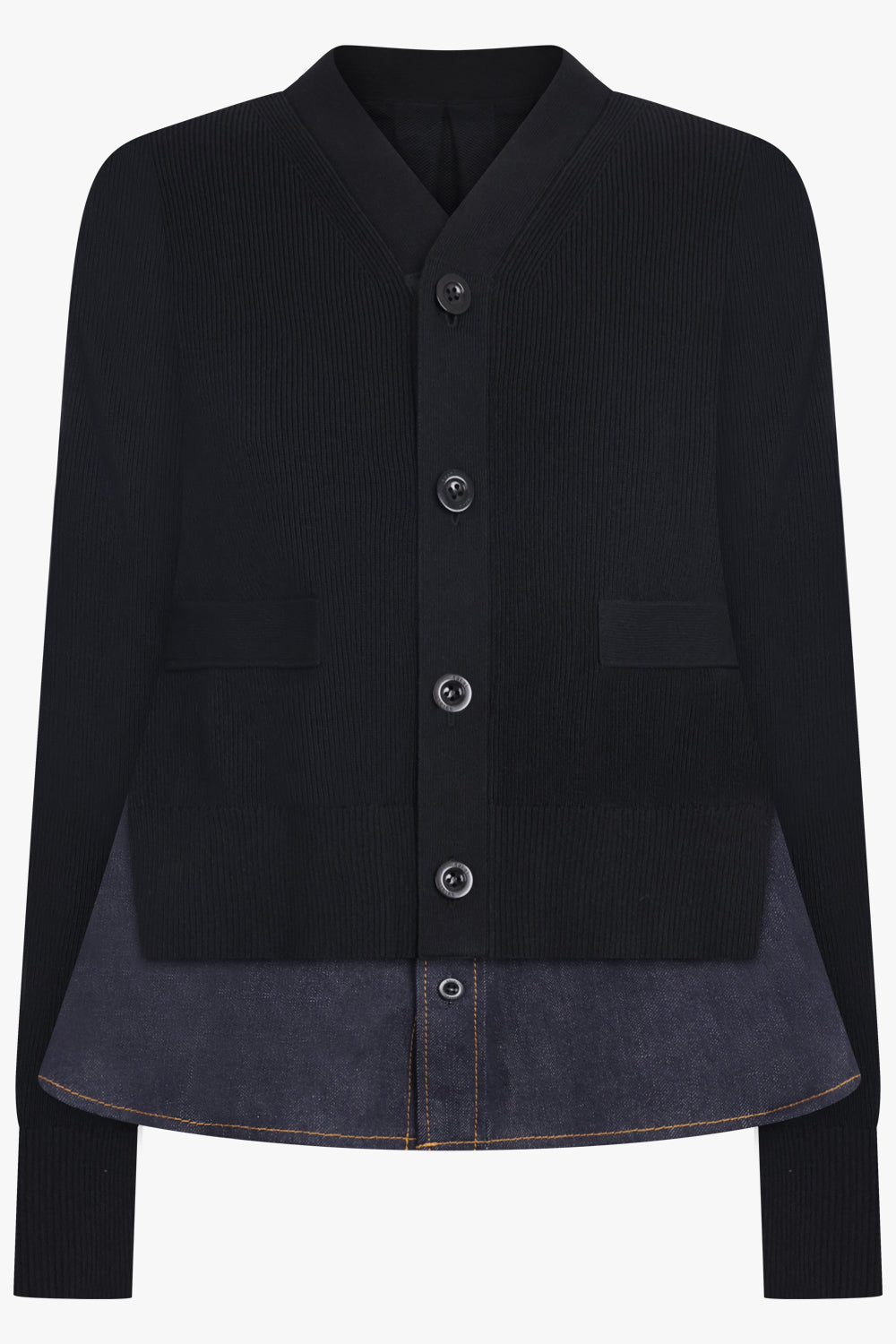 SACAI RTW L/S Knit Cardigan With Denim Underlay | Black/Indigo Blue