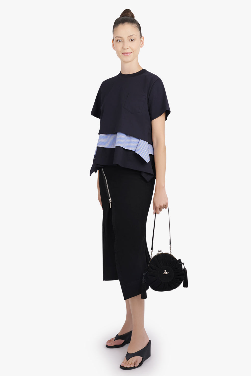 SACAI RTW Layer S/S Top With Attached Shirting Panels | Navy/Blue