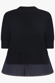 SACAI RTW S/S Pull Over Knit With Denim Underlay | Black/Indigo Blue