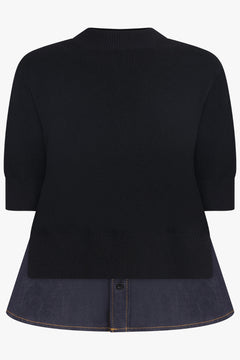 SACAI RTW S/S Pull Over Knit With Denim Underlay | Black/Indigo Blue