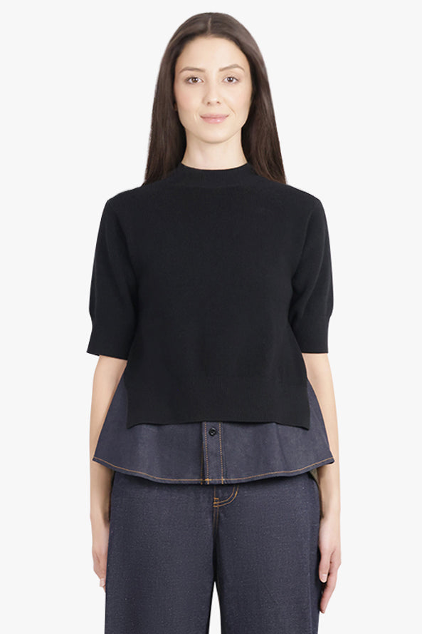 SACAI RTW S/S Pull Over Knit With Denim Underlay | Black/Indigo Blue
