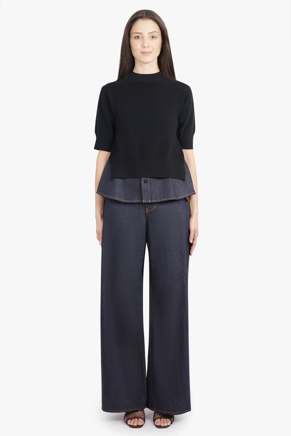 SACAI RTW S/S Pull Over Knit With Denim Underlay | Black/Indigo Blue