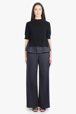 SACAI RTW S/S Pull Over Knit With Denim Underlay | Black/Indigo Blue