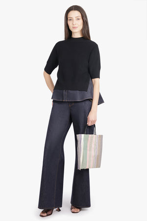 SACAI RTW S/S Pull Over Knit With Denim Underlay | Black/Indigo Blue