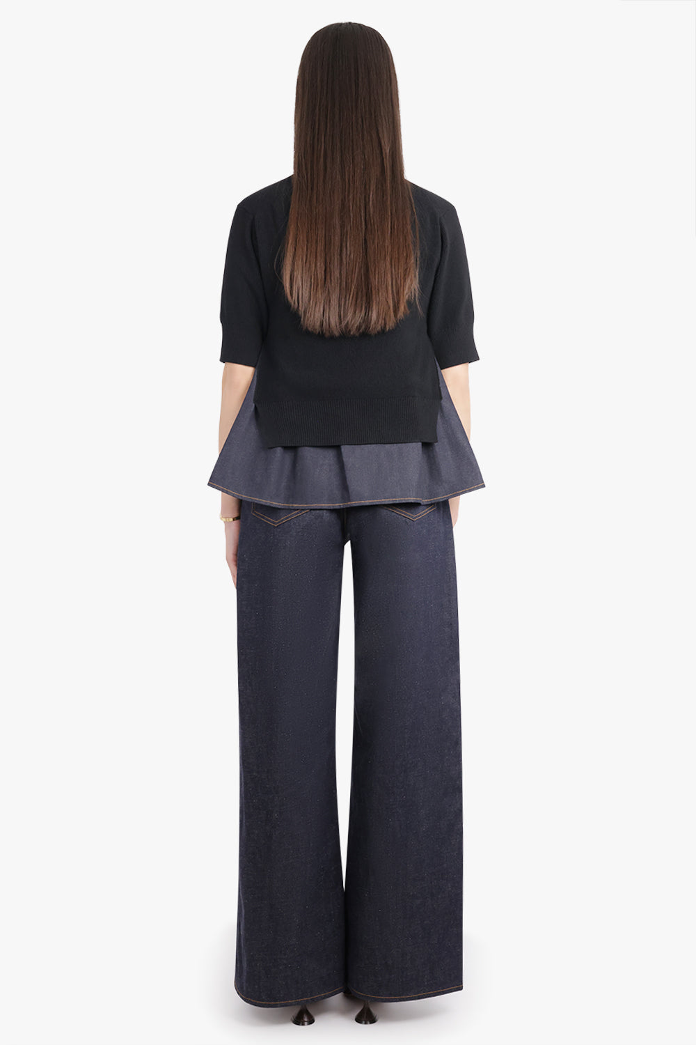 SACAI RTW S/S Pull Over Knit With Denim Underlay | Black/Indigo Blue