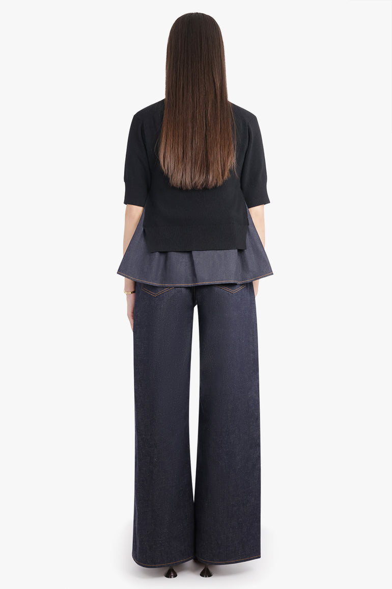 SACAI RTW S/S Pull Over Knit With Denim Underlay | Black/Indigo Blue