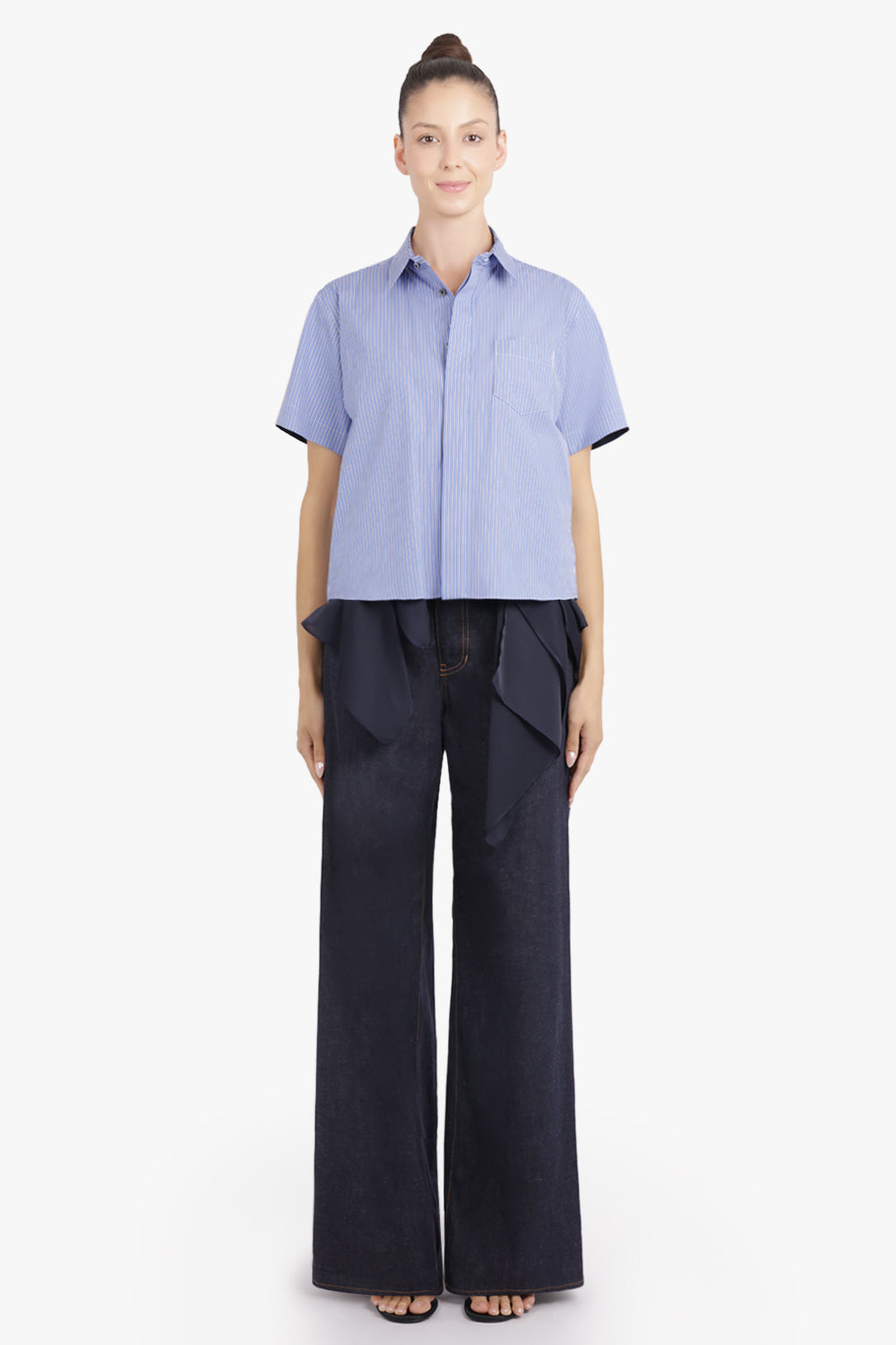 SACAI RTW S/S Stripe Shirt With Drape Panel Detail | Blue/Navy