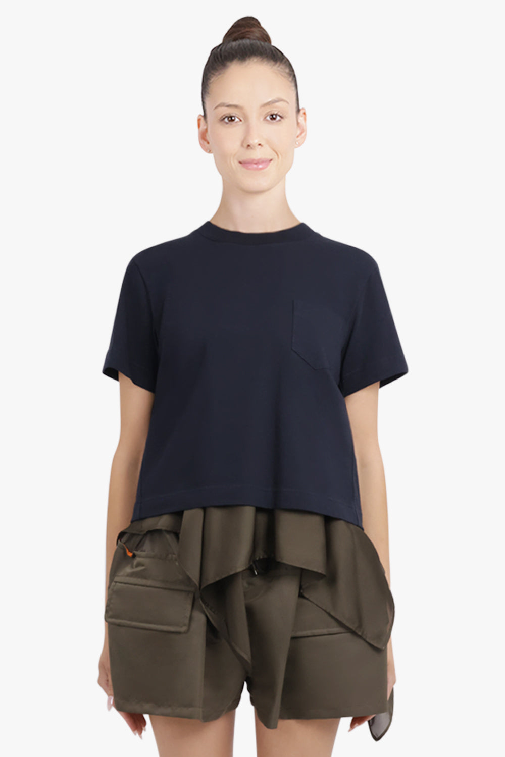 SACAI RTW S/S T-Shirt With Attached Drape Panels | Black/Khaki