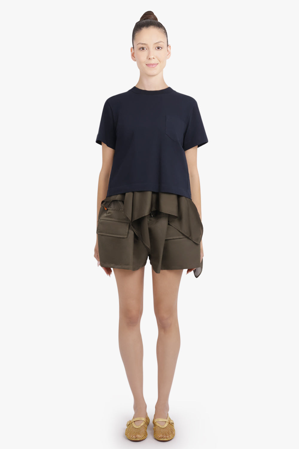 SACAI RTW S/S T-Shirt With Attached Drape Panels | Black/Khaki