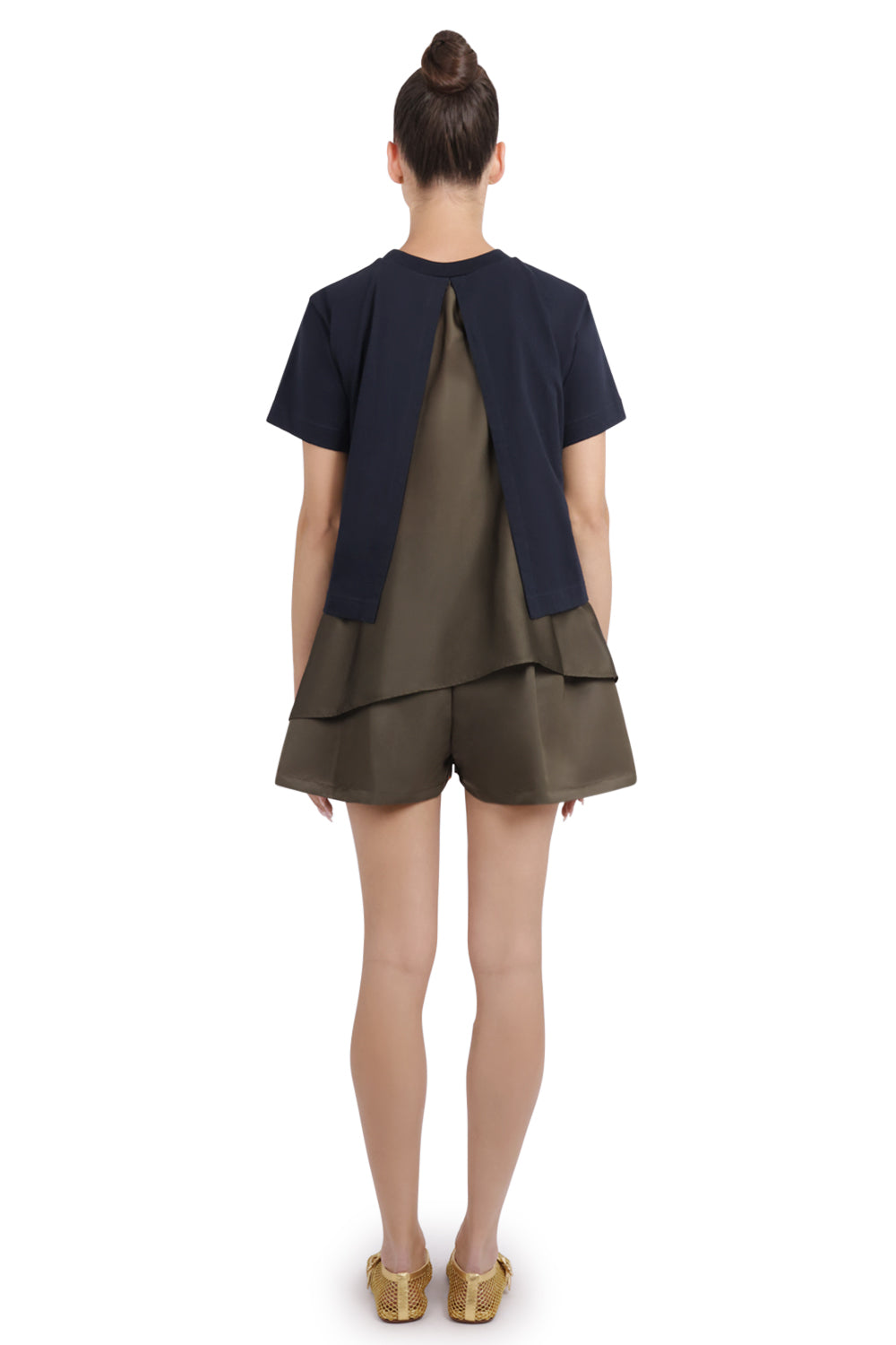 SACAI RTW S/S T-Shirt With Attached Drape Panels | Black/Khaki