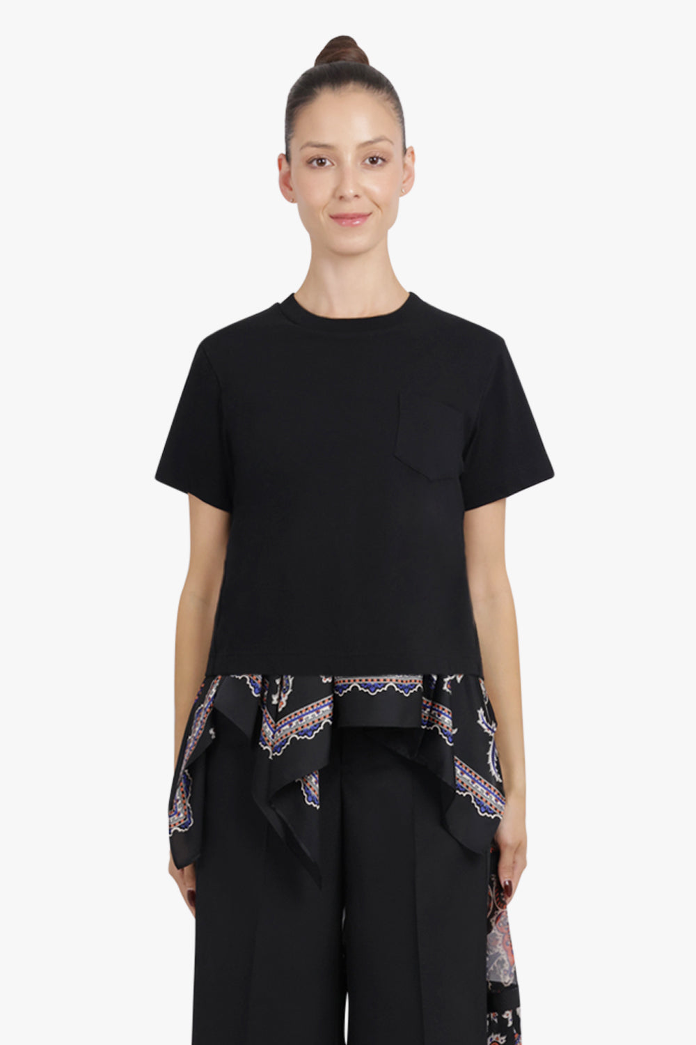 SACAI RTW S/S T-Shirt With Drape Print Panels | Black/Multi