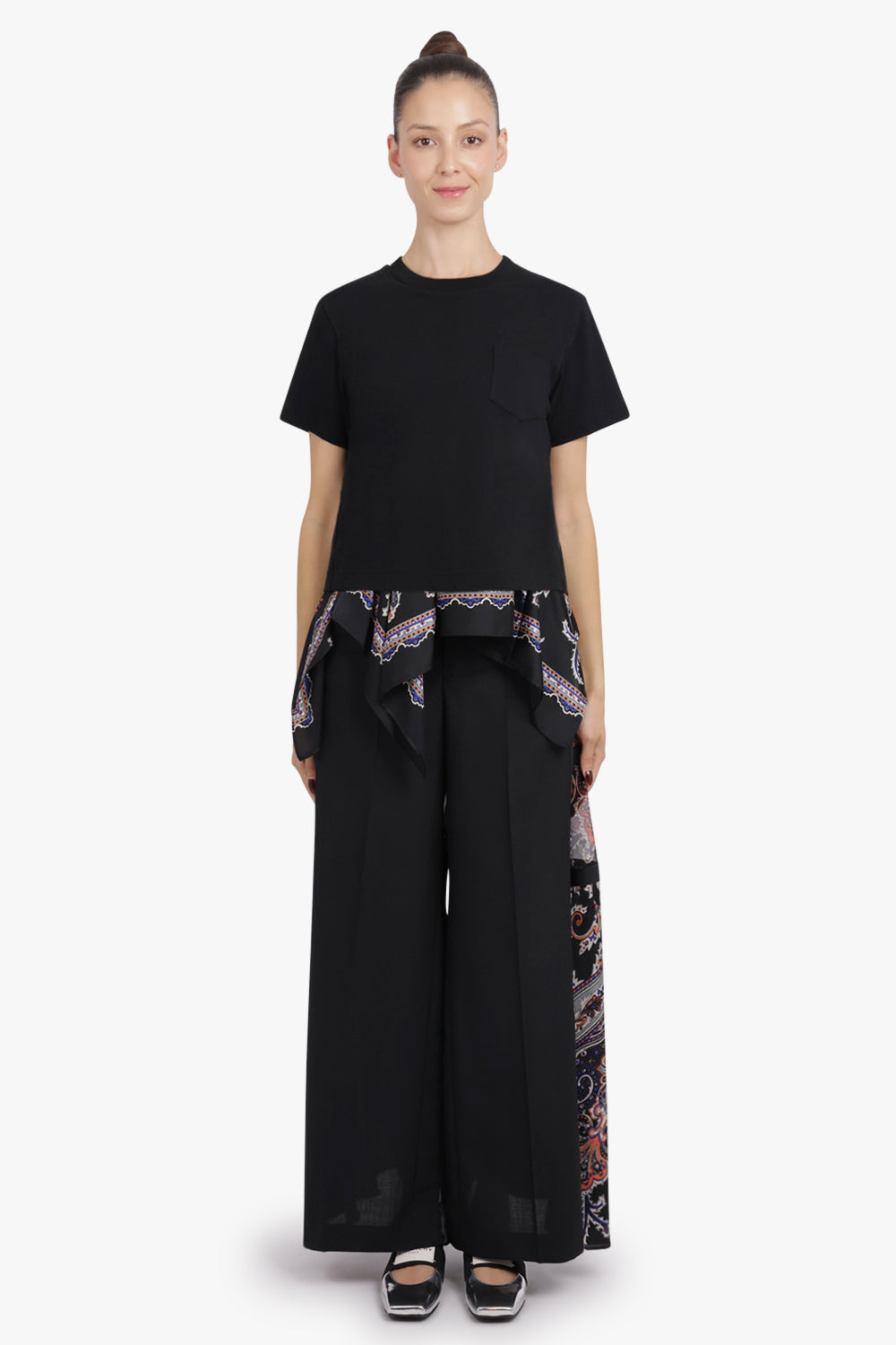 SACAI RTW S/S T-Shirt With Drape Print Panels | Black/Multi