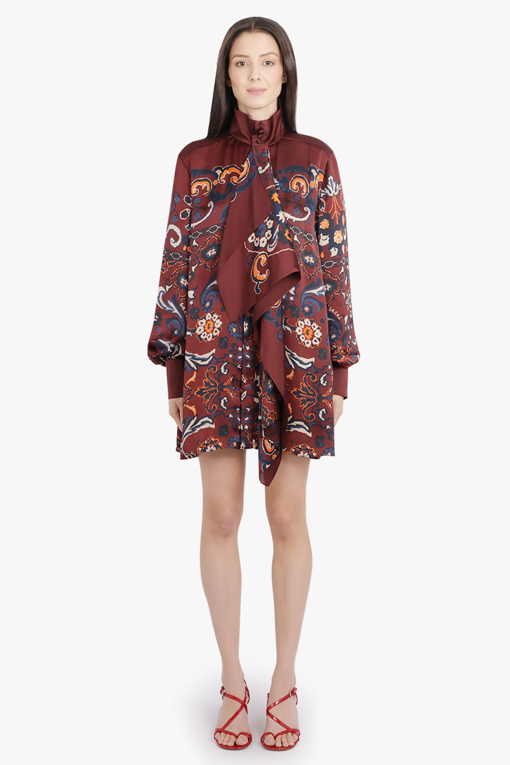 SACAI RTW Scarf L/S Floral Print High Neck Drape Mini Dress | Bordeaux/Multi