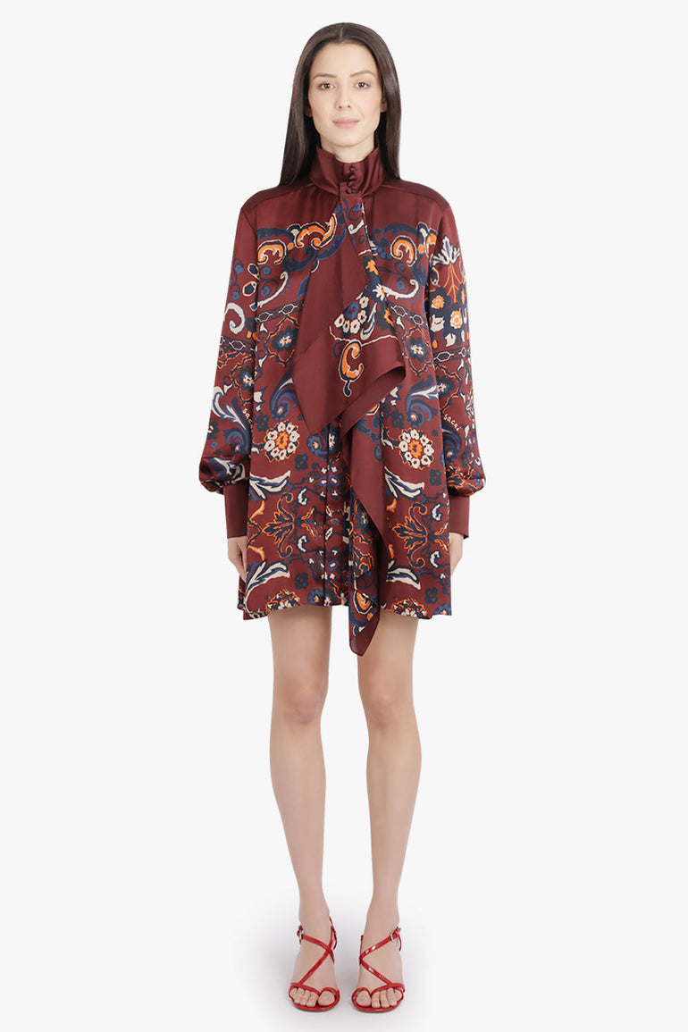 SACAI RTW Scarf L/S Floral Print High Neck Drape Mini Dress | Bordeaux/Multi