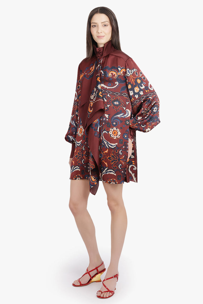 SACAI RTW Scarf L/S Floral Print High Neck Drape Mini Dress | Bordeaux/Multi