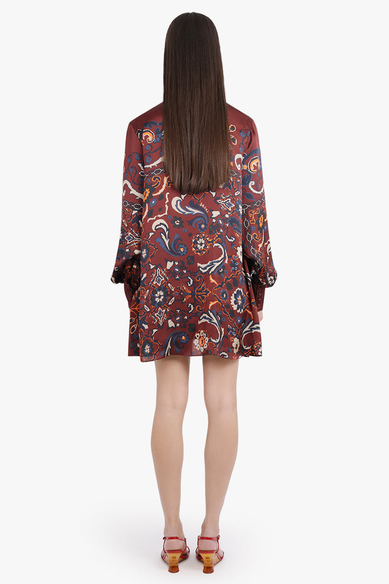 SACAI RTW Scarf L/S Floral Print High Neck Drape Mini Dress | Bordeaux/Multi