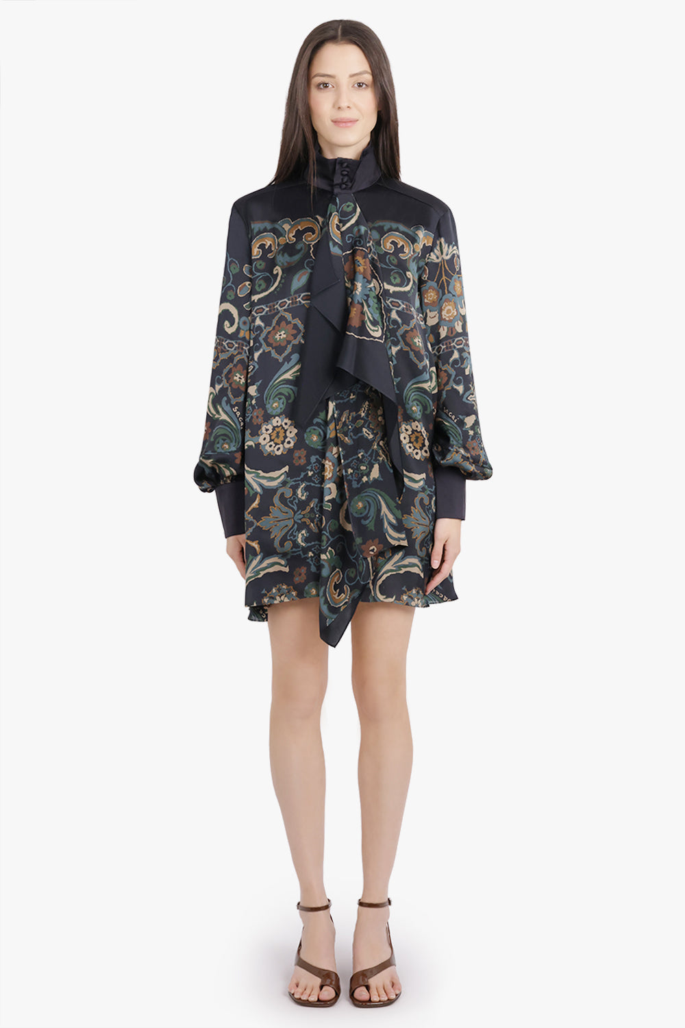 SACAI RTW Scarf L/S Floral Print High Neck Drape Mini Dress | Navy/Multi