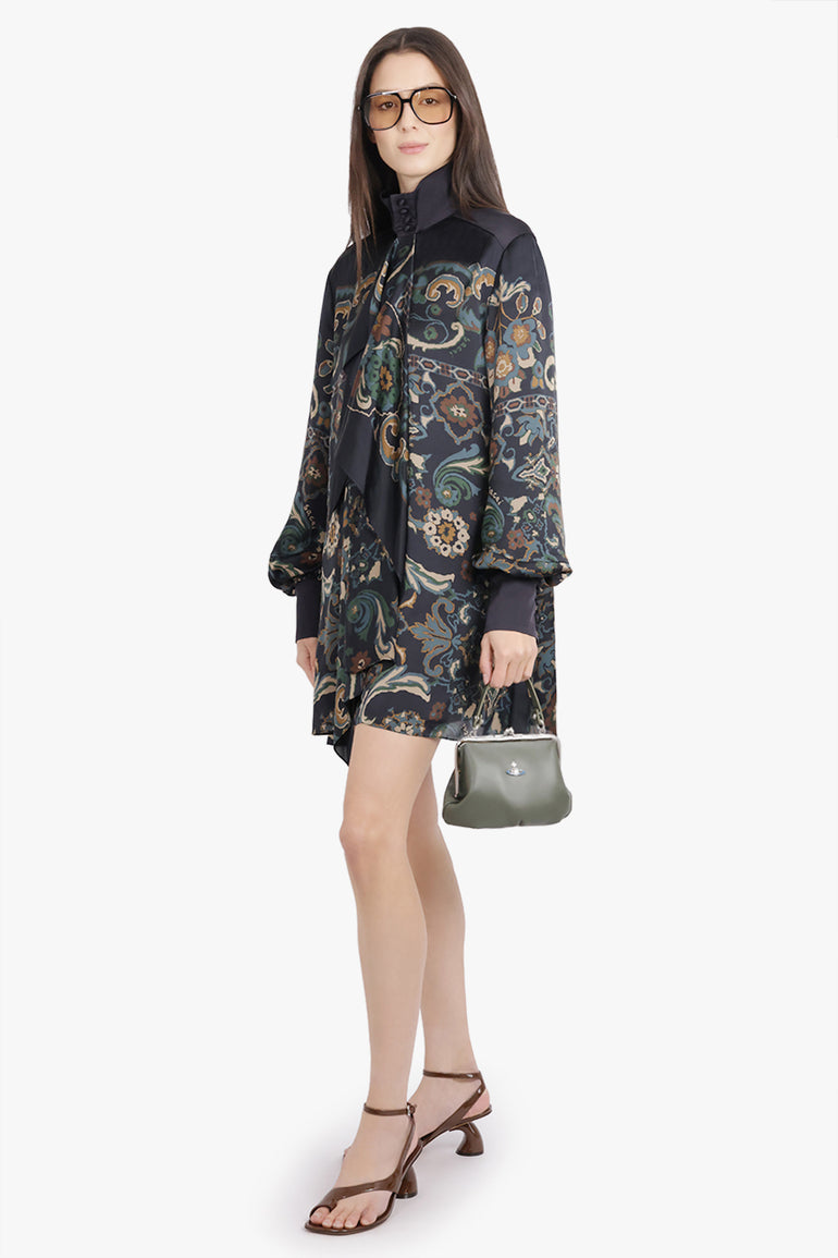 SACAI RTW Scarf L/S Floral Print High Neck Drape Mini Dress | Navy/Multi