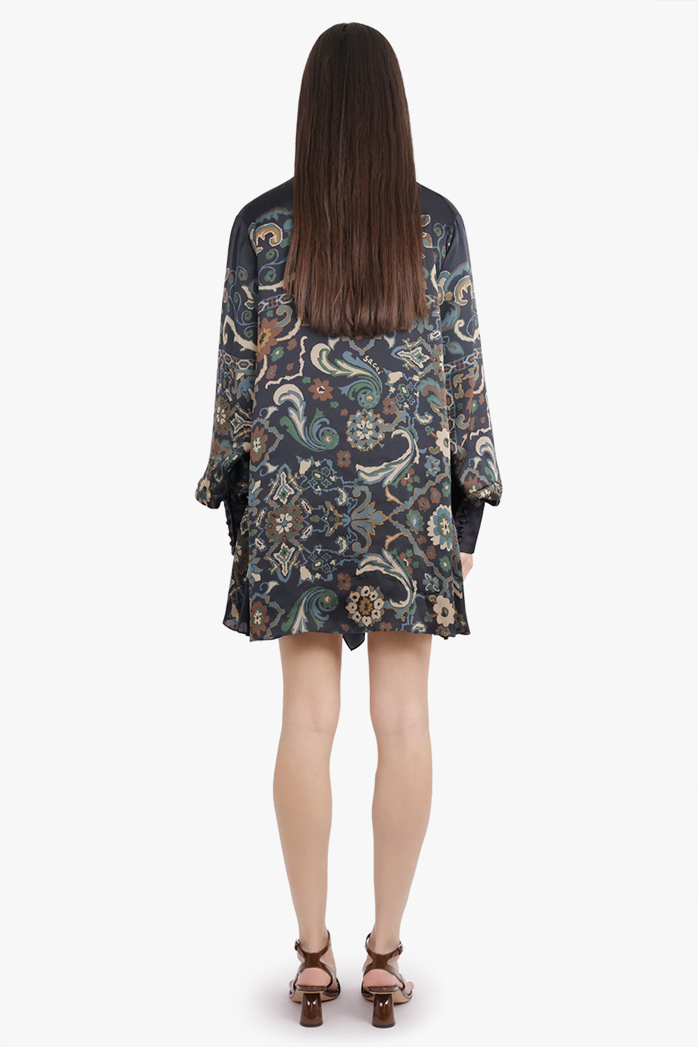 SACAI RTW Scarf L/S Floral Print High Neck Drape Mini Dress | Navy/Multi