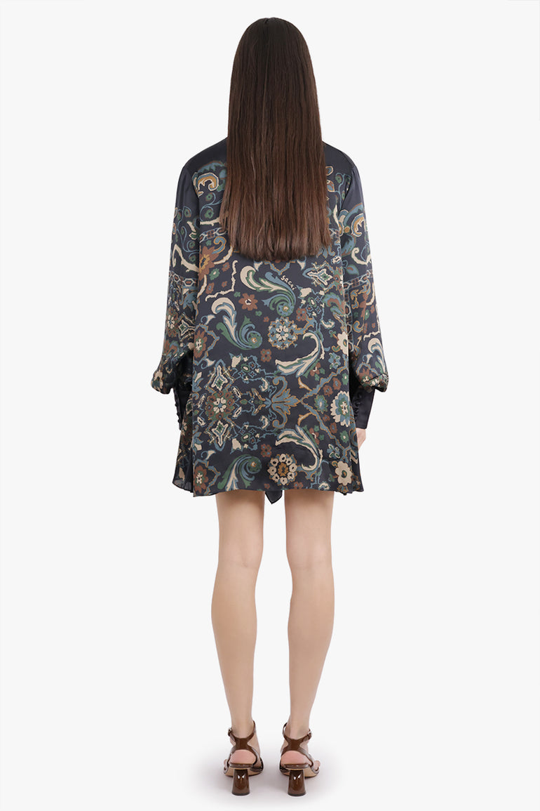 SACAI RTW Scarf L/S Floral Print High Neck Drape Mini Dress | Navy/Multi