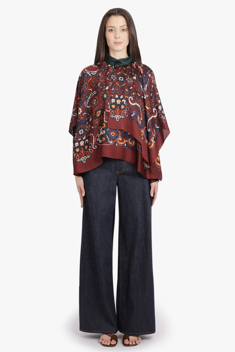 SACAI RTW Scarf S/S Floral Print High Neck Drape Blouse | Bordeaux/Multi