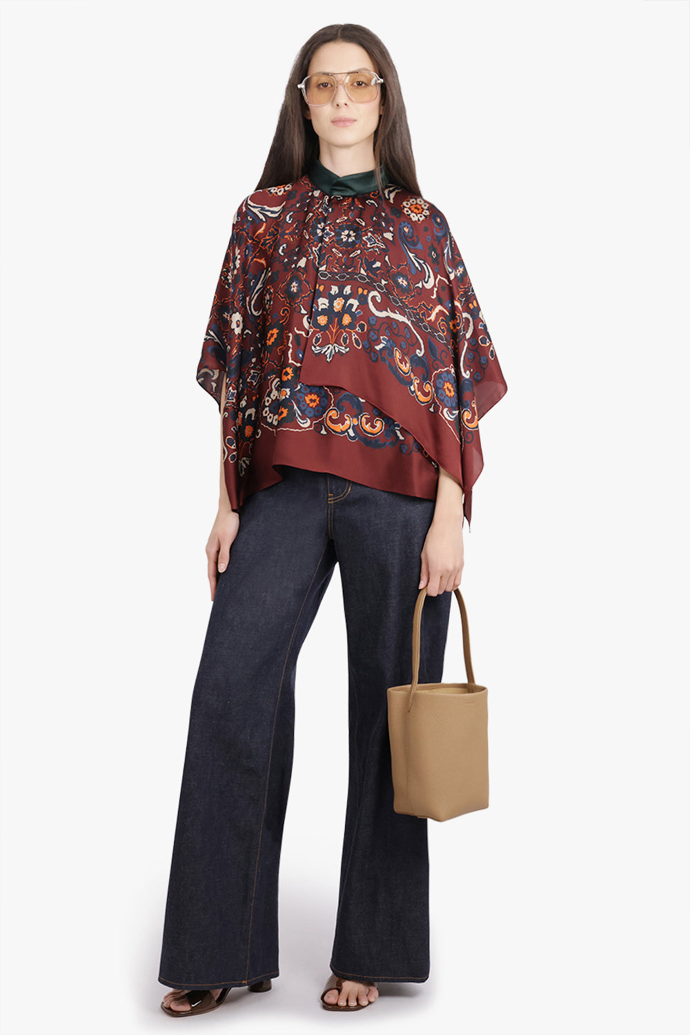 SACAI RTW Scarf S/S Floral Print High Neck Drape Blouse | Bordeaux/Multi