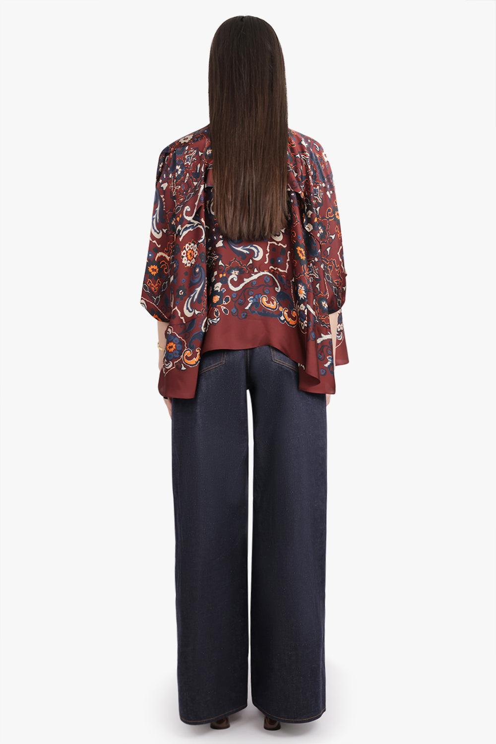 SACAI RTW Scarf S/S Floral Print High Neck Drape Blouse | Bordeaux/Multi