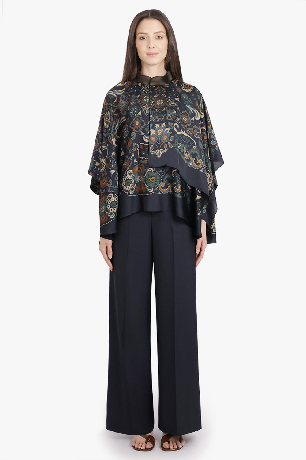SACAI RTW Scarf S/S Floral Print High Neck Drape Blouse | Navy/Multi