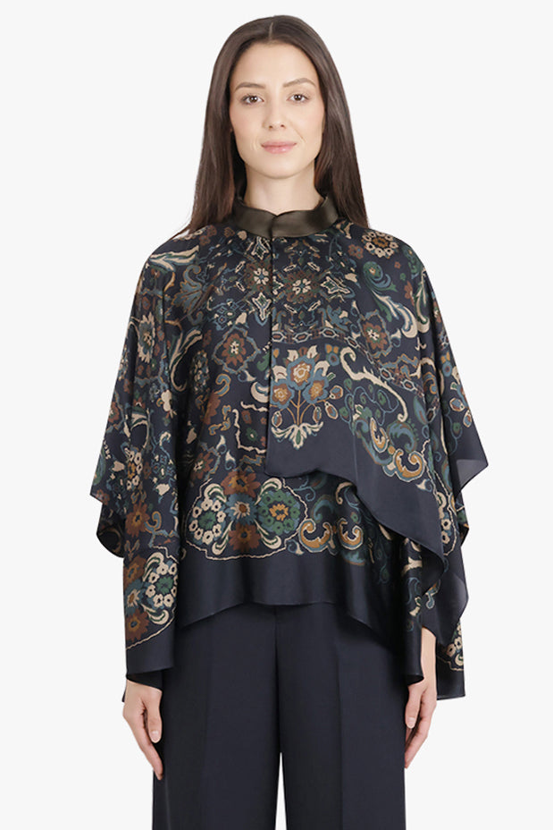 SACAI RTW Scarf S/S Floral Print High Neck Drape Blouse | Navy/Multi