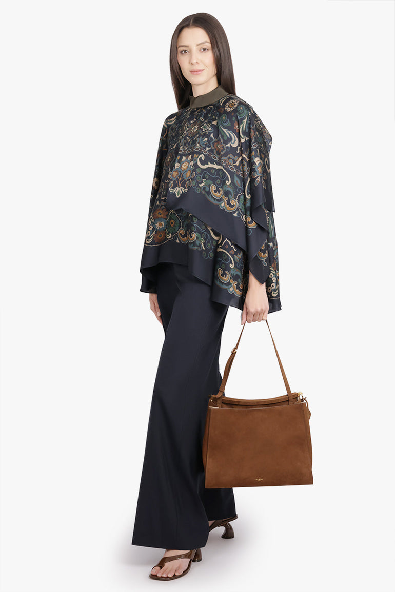 SACAI RTW Scarf S/S Floral Print High Neck Drape Blouse | Navy/Multi