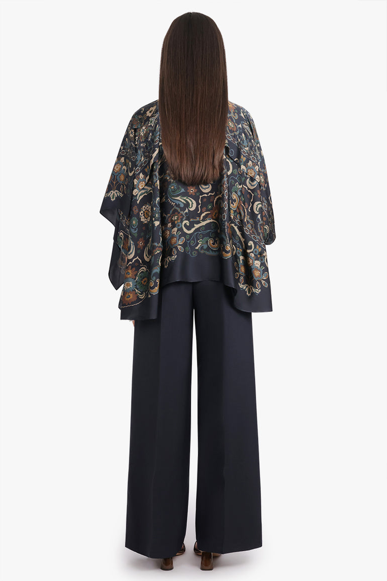 SACAI RTW Scarf S/S Floral Print High Neck Drape Blouse | Navy/Multi