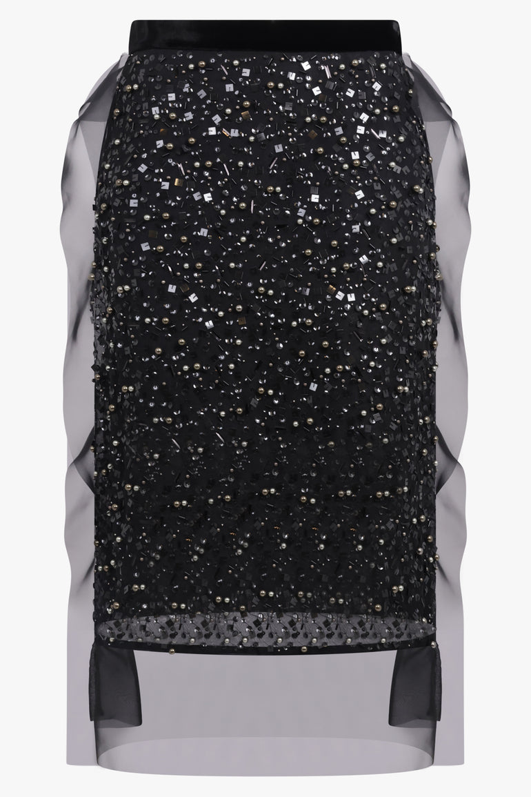 SACAI RTW Sequin Embroidery Sheer Midi Skirt | Black