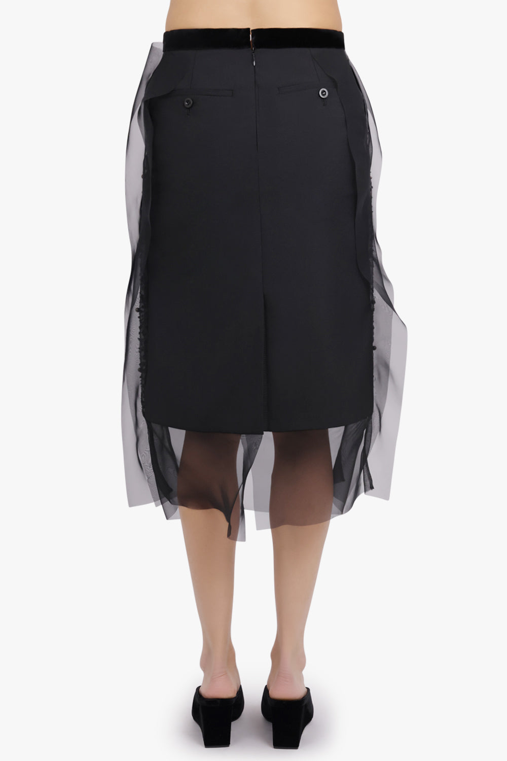 SACAI RTW Sequin Embroidery Sheer Midi Skirt | Black