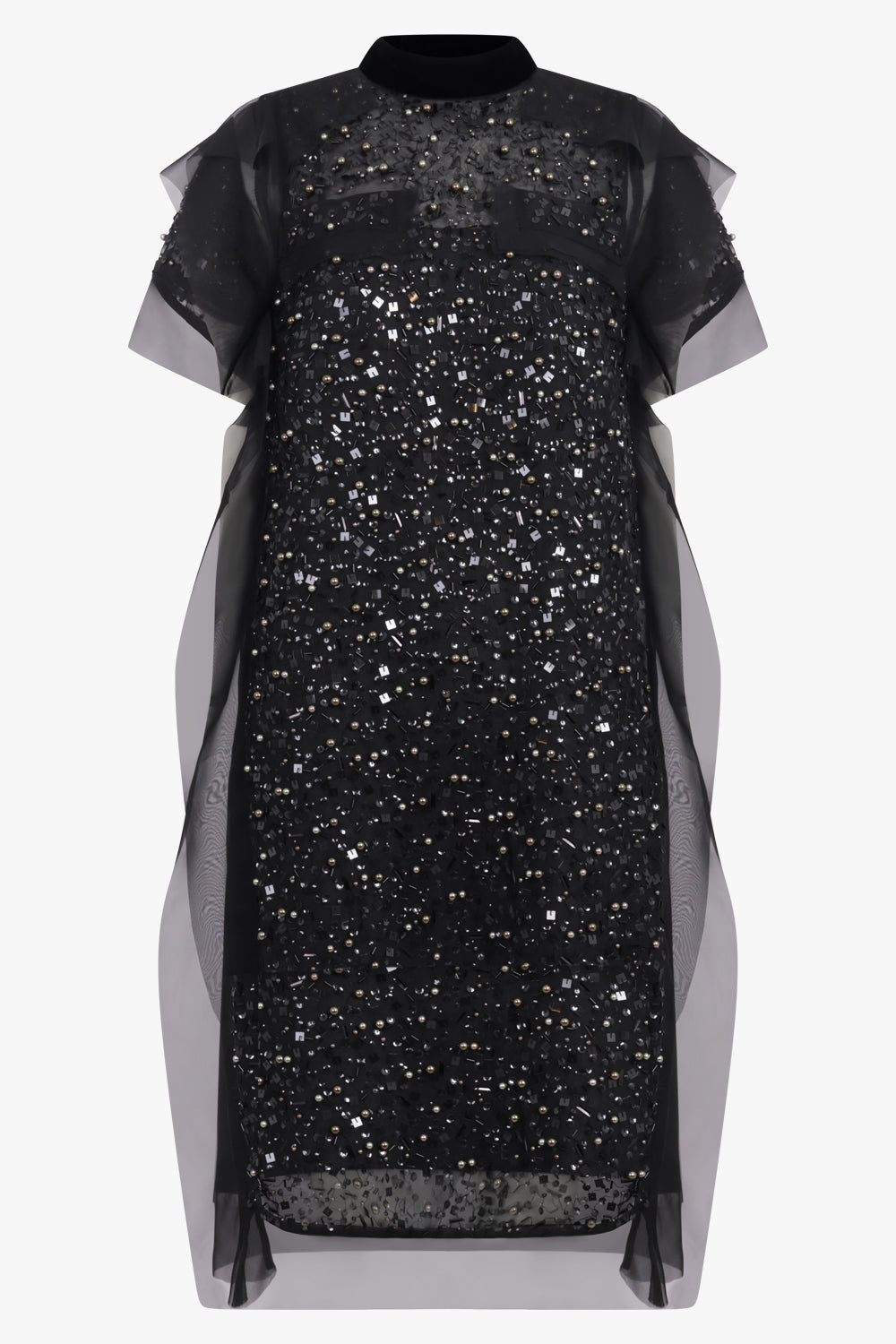 SACAI RTW Sequin Embroidery Sheer S/S Midi Dress | Black