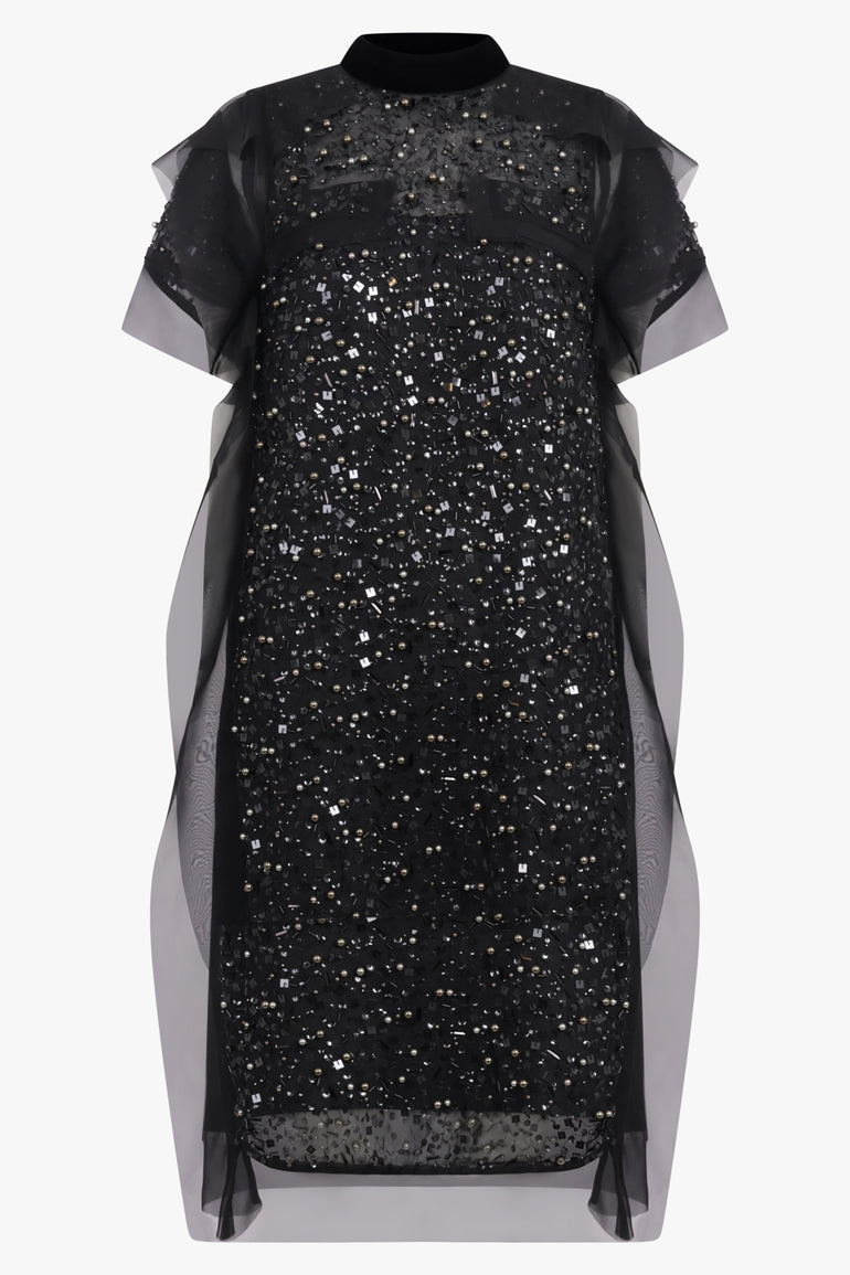 SACAI RTW Sequin Embroidery Sheer S/S Midi Dress | Black