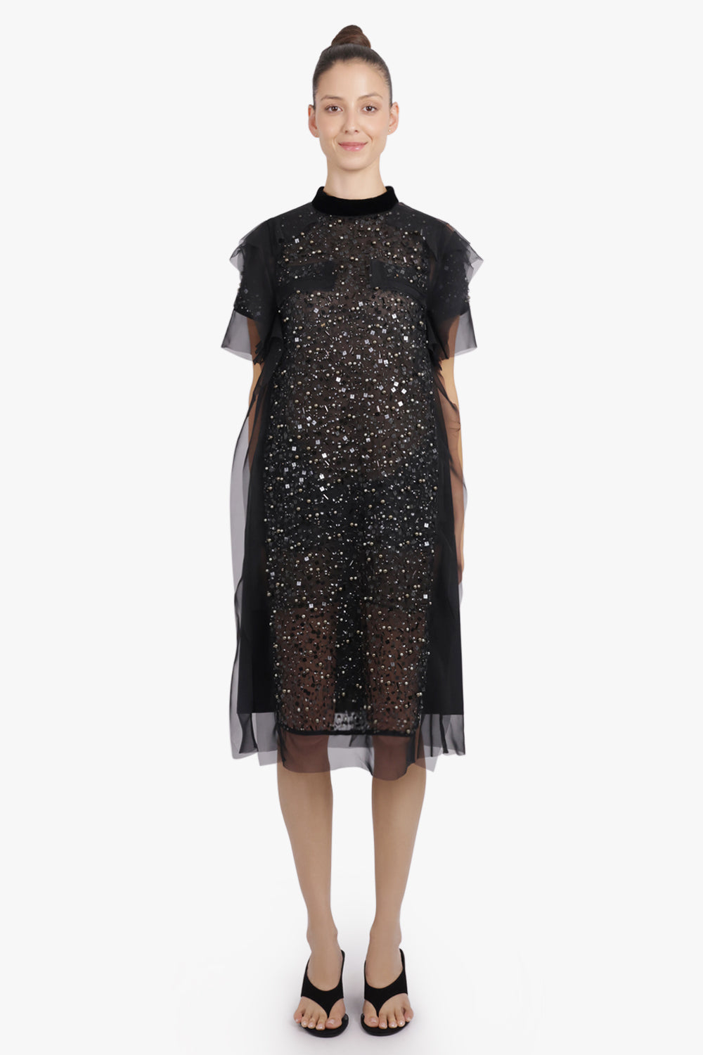 SACAI RTW Sequin Embroidery Sheer S/S Midi Dress | Black