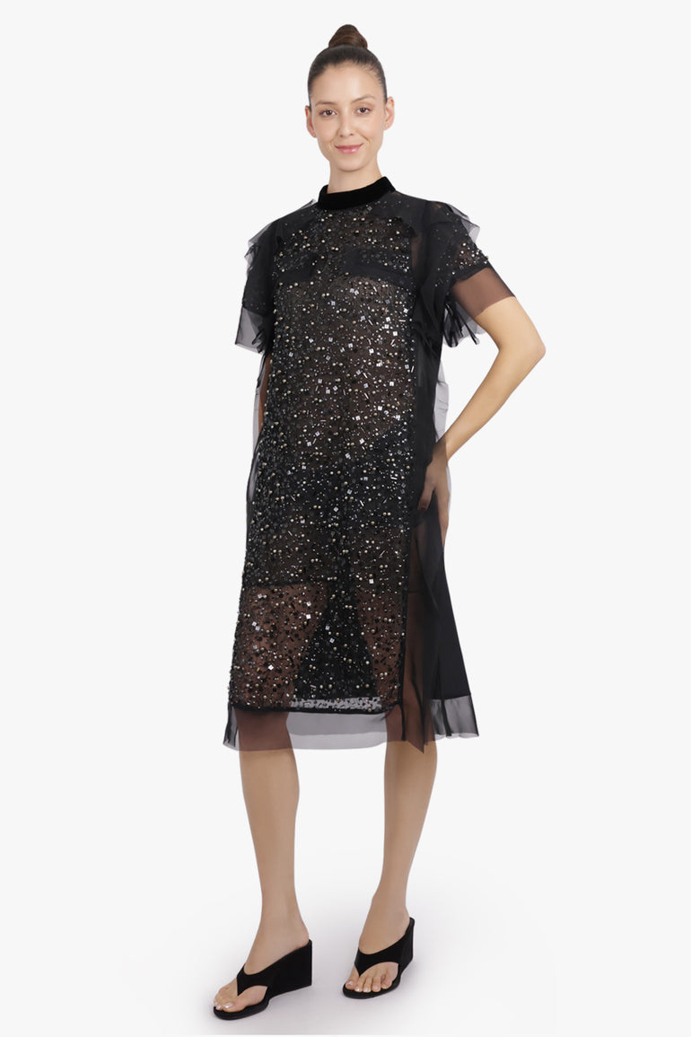 SACAI RTW Sequin Embroidery Sheer S/S Midi Dress | Black