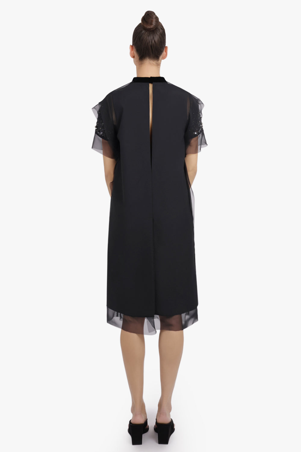 SACAI RTW Sequin Embroidery Sheer S/S Midi Dress | Black