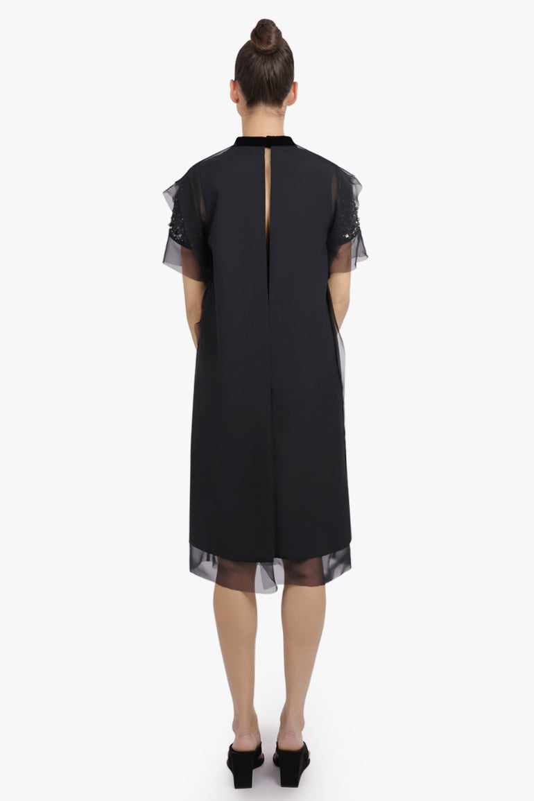 SACAI RTW Sequin Embroidery Sheer S/S Midi Dress | Black