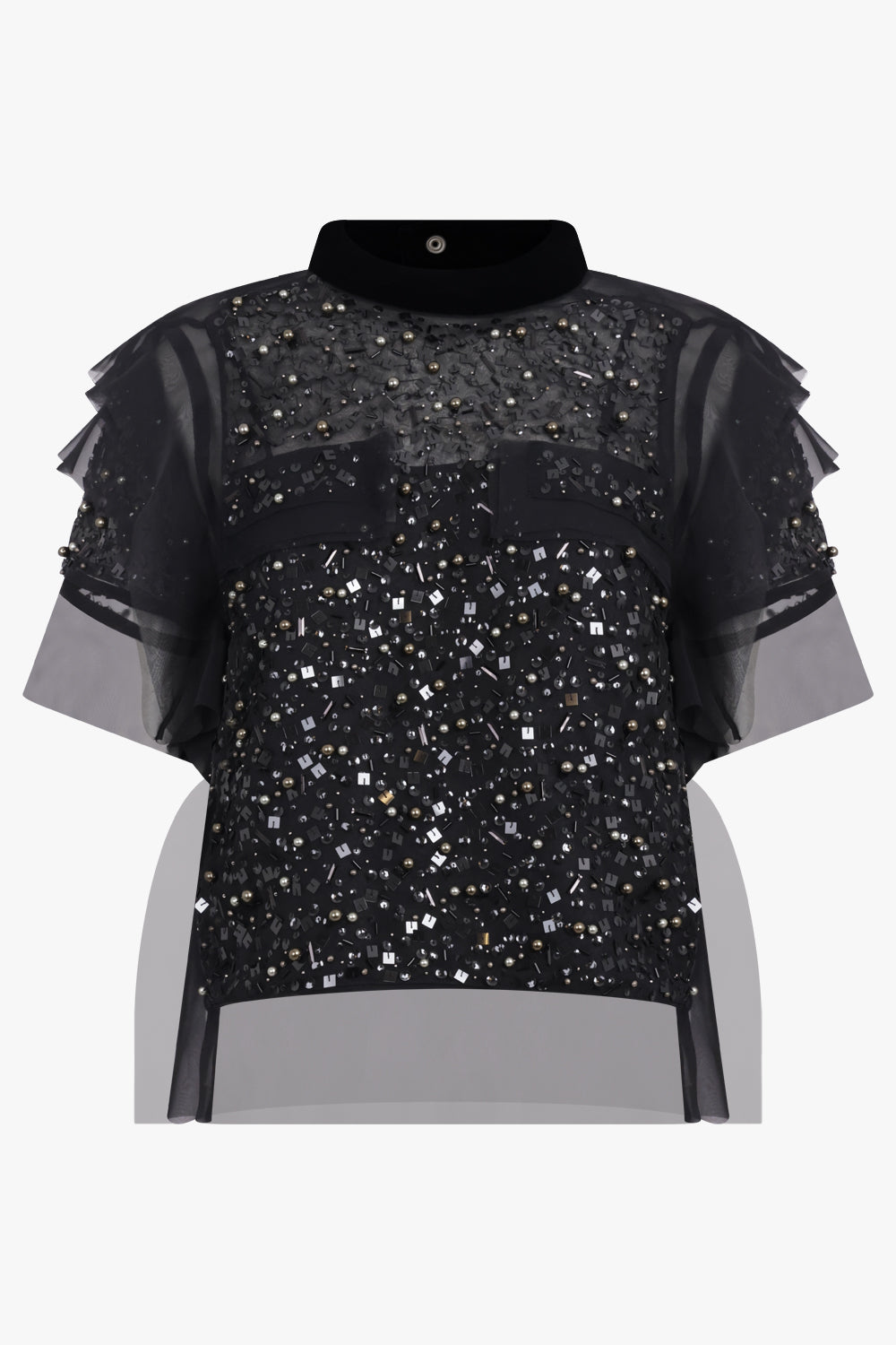 SACAI RTW Sequin Embroidery Sheer S/S Top | Black