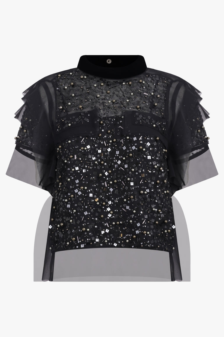 SACAI RTW Sequin Embroidery Sheer S/S Top | Black