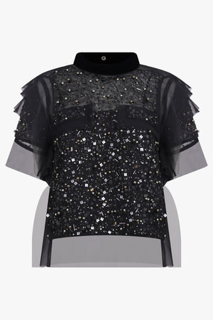 SACAI RTW Sequin Embroidery Sheer S/S Top | Black