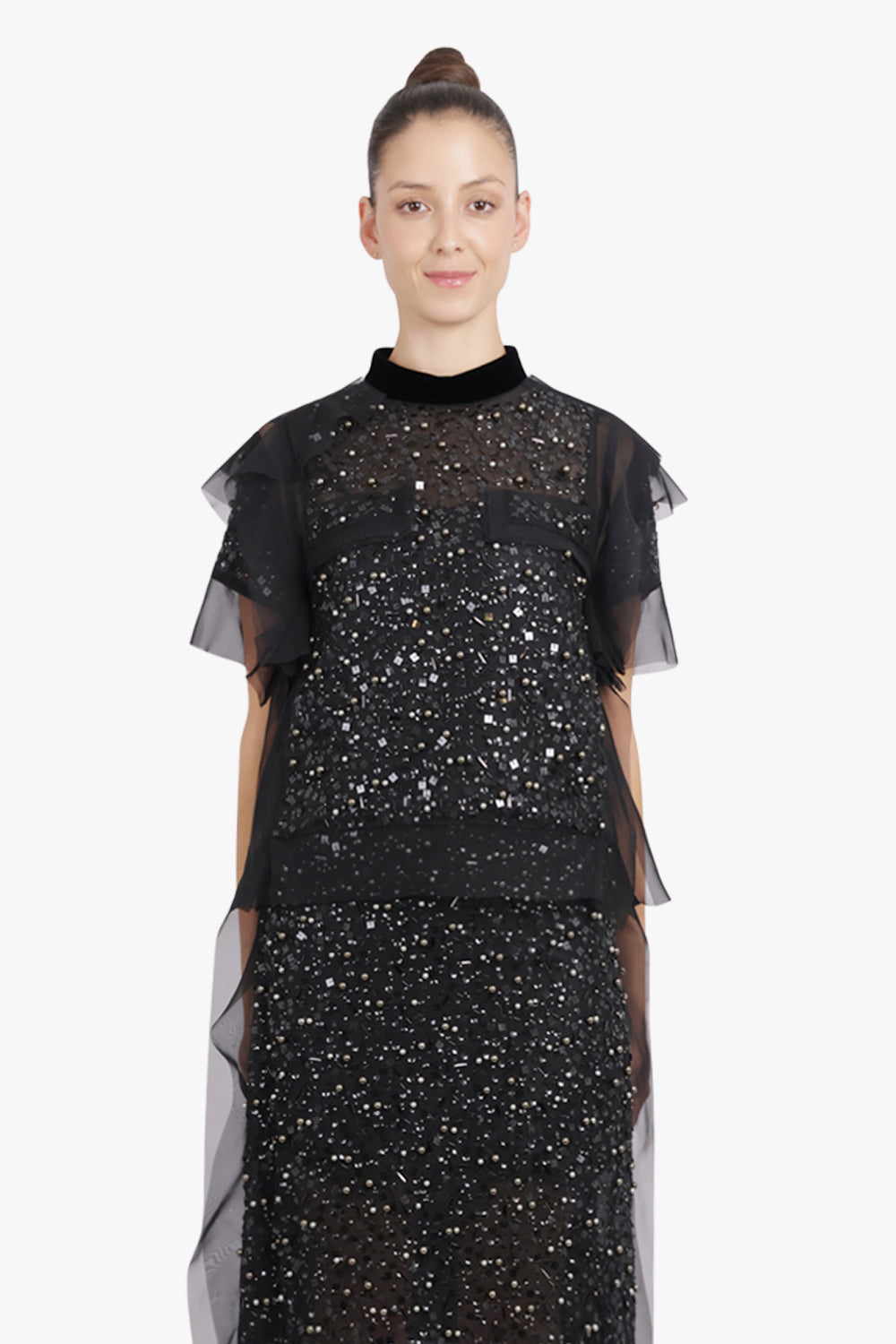 SACAI RTW Sequin Embroidery Sheer S/S Top | Black