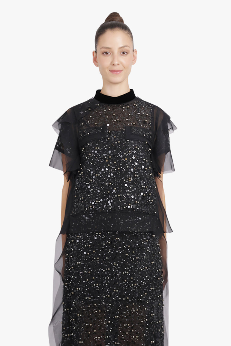 SACAI RTW Sequin Embroidery Sheer S/S Top | Black