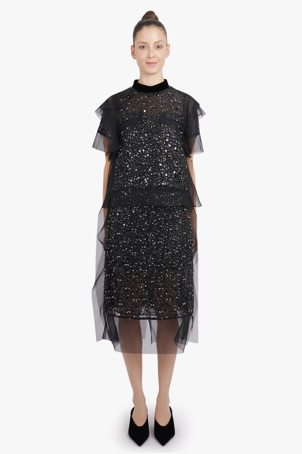 SACAI RTW Sequin Embroidery Sheer S/S Top | Black