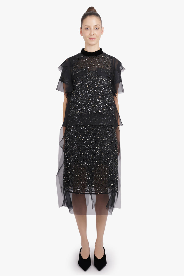 SACAI RTW Sequin Embroidery Sheer Midi Skirt | Black