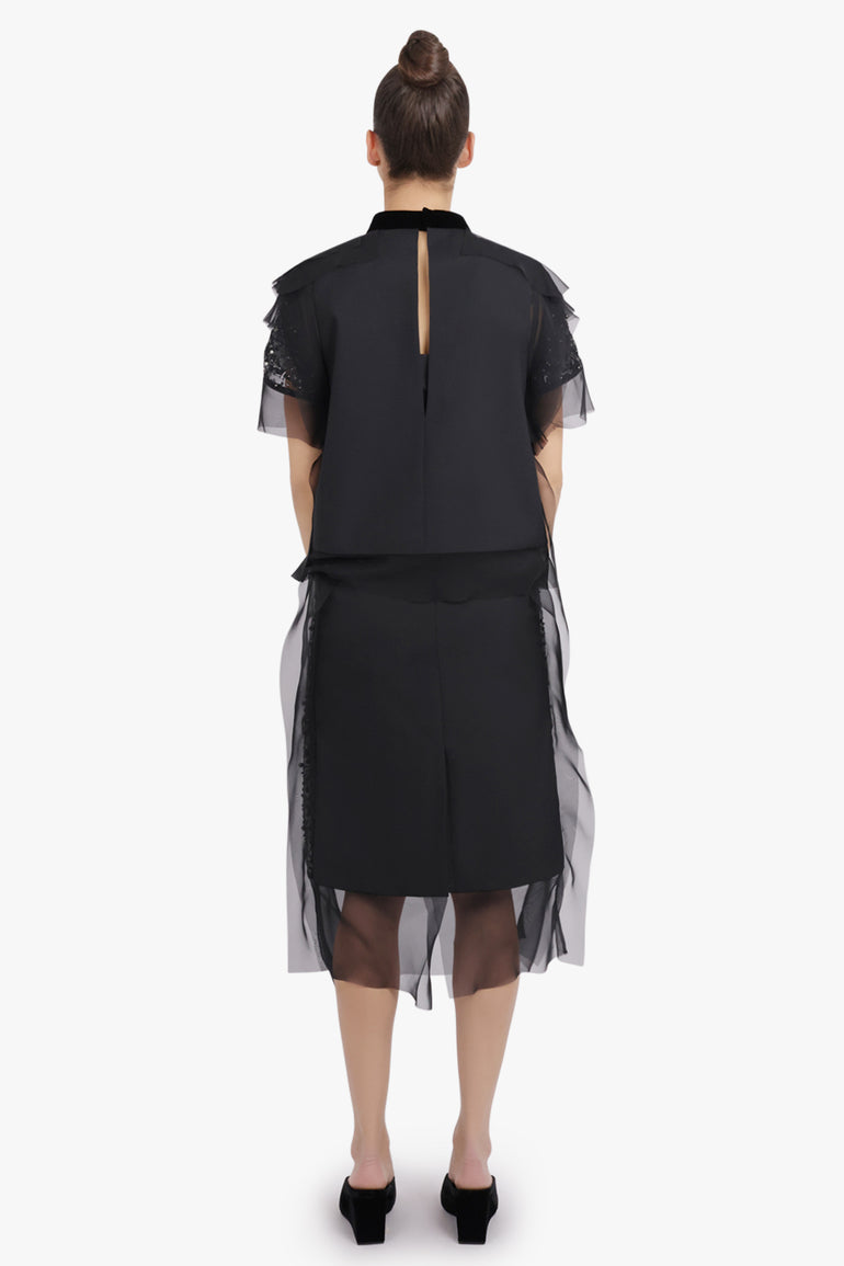 SACAI RTW Sequin Embroidery Sheer S/S Top | Black