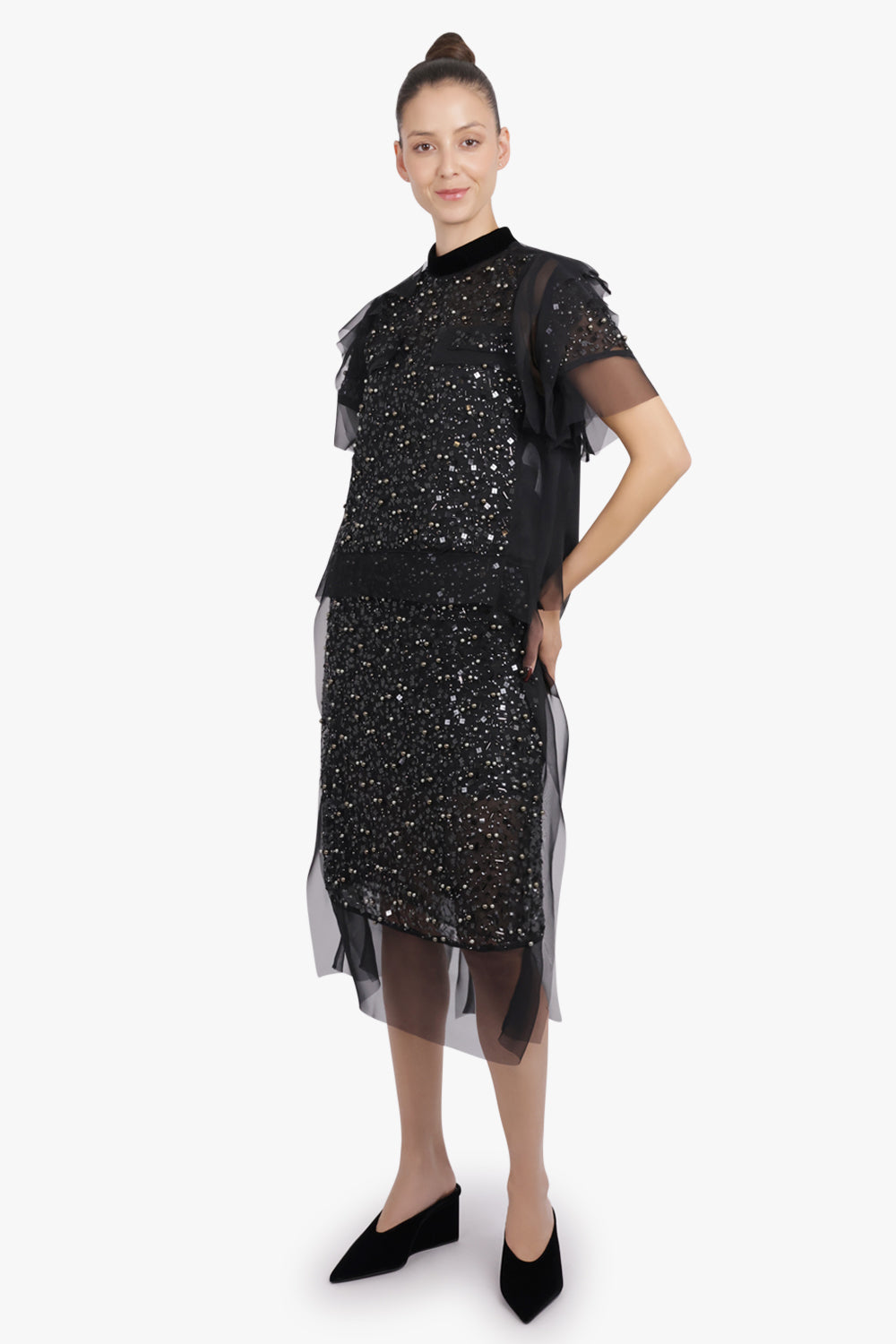 SACAI RTW Sequin Embroidery Sheer S/S Top | Black