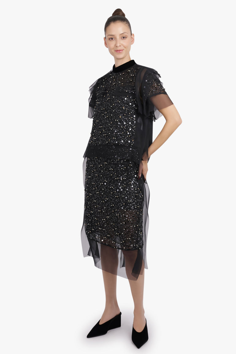 SACAI RTW Sequin Embroidery Sheer S/S Top | Black