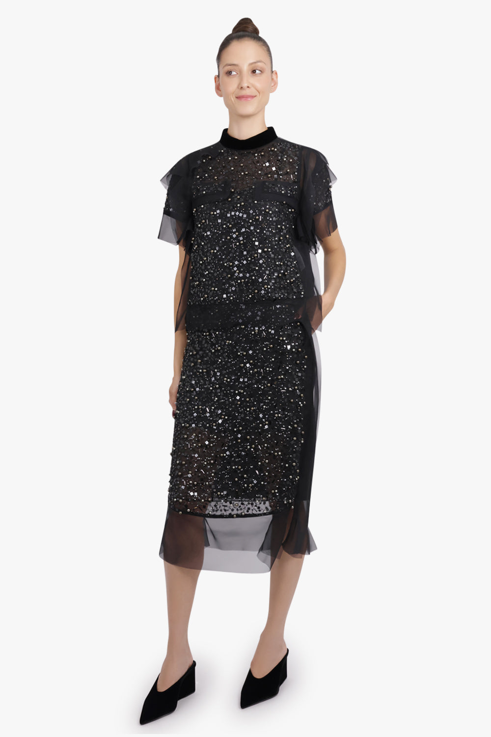 SACAI RTW Sequin Embroidery Sheer Midi Skirt | Black